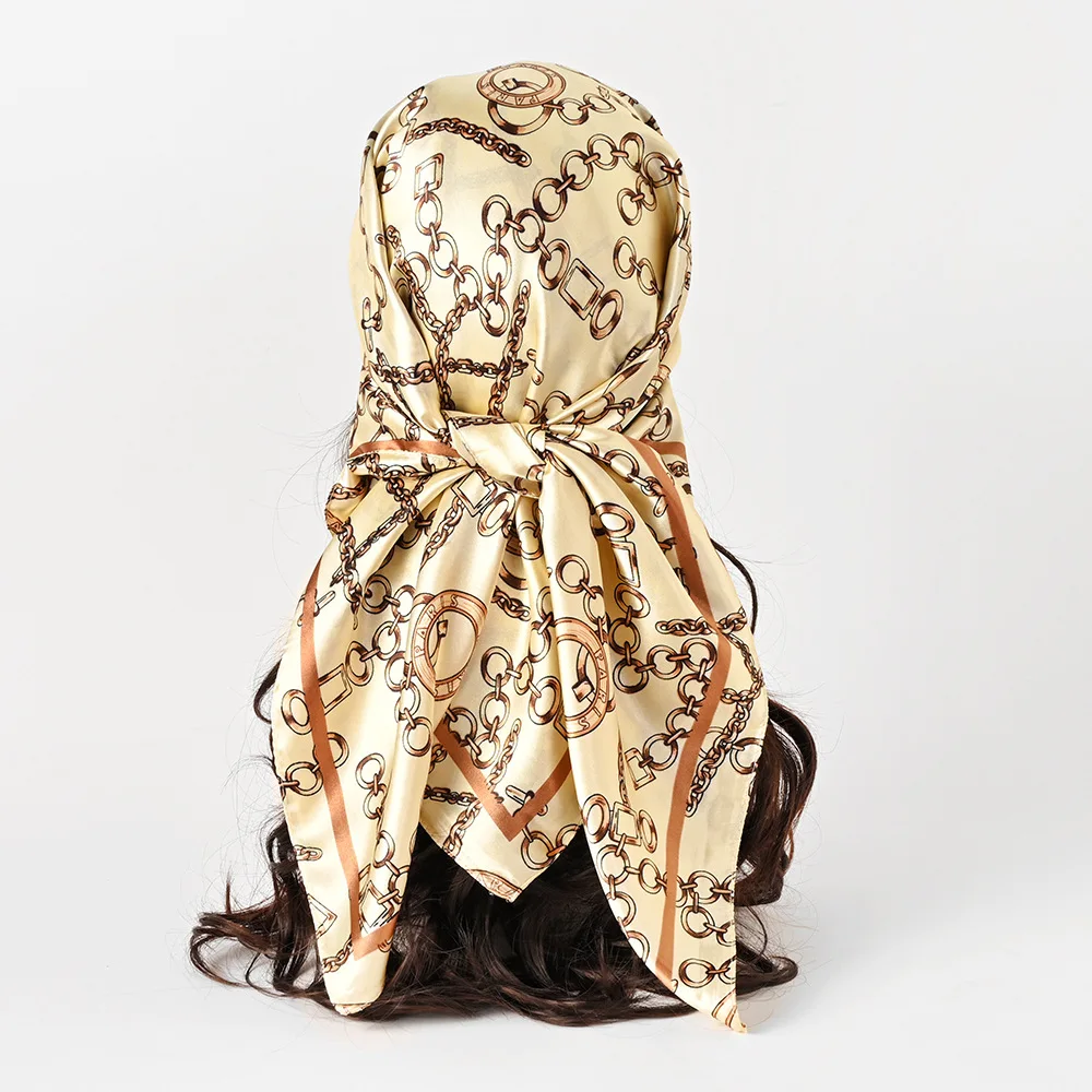 90cm Satin Square Scarf Women Muslim Hijab Elegant Print Silk Neckerchief Shawl Wraps Headband Handle Hair Accessories Bandana view 5