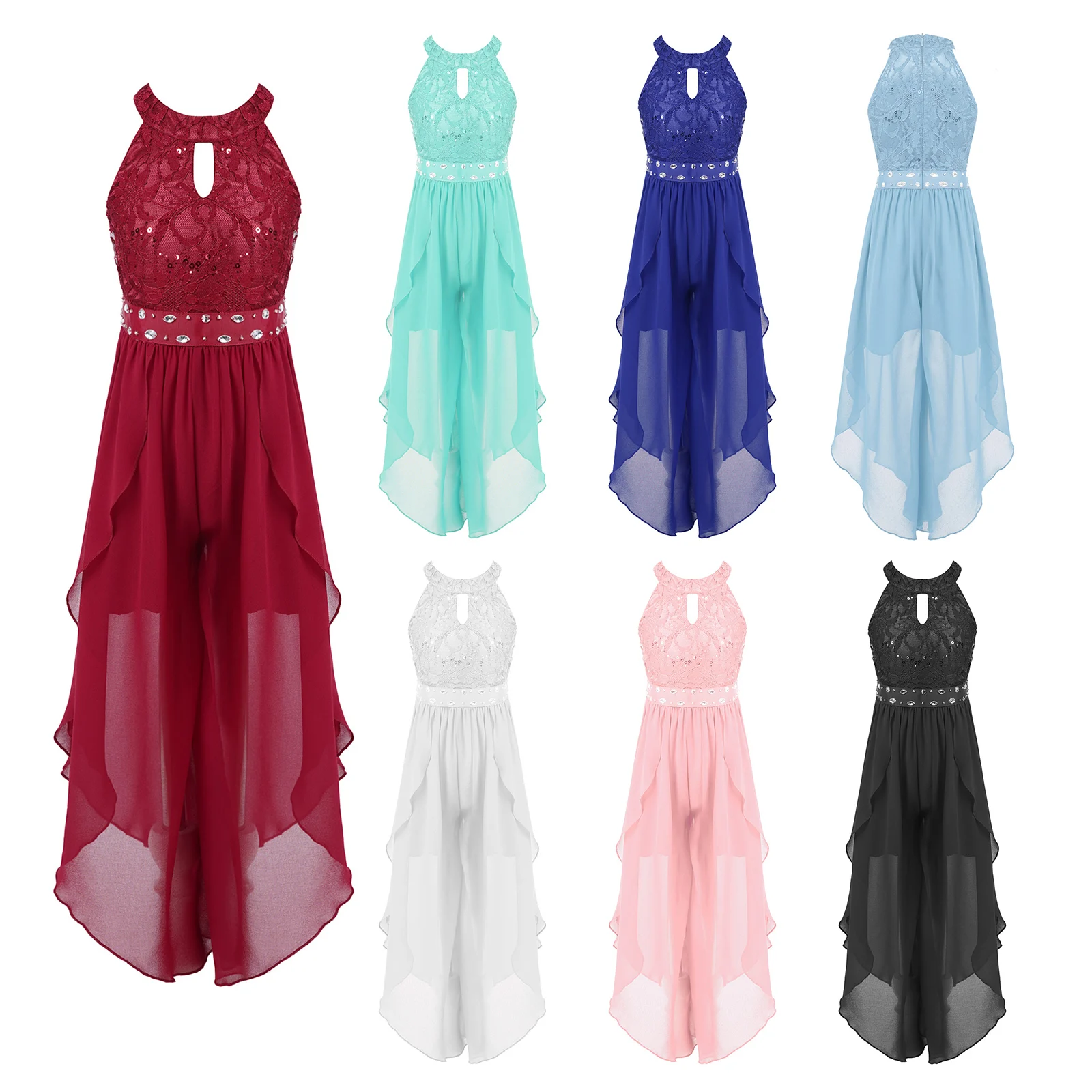 Kids Girls Shiny Rhinestone Sleeveless Lace Irregular Chiffon Romper Dress for Dance Wedding Party Junior Bridesmaid Dresses