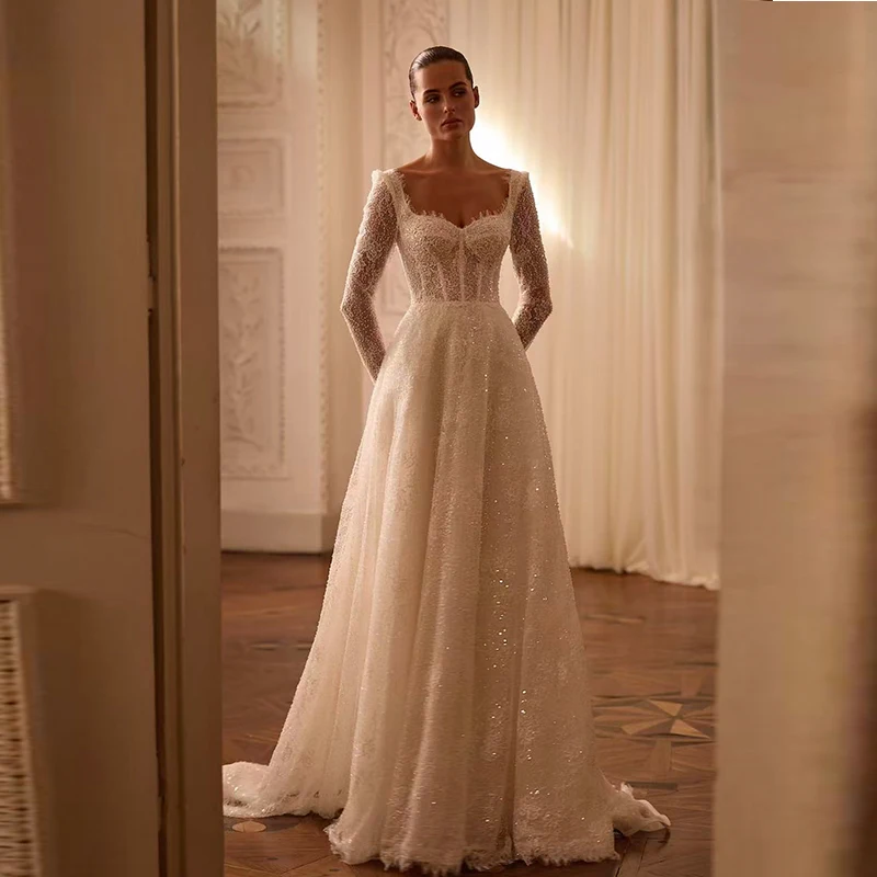 

Shiny Chic Wedding Dress Bead With Embroidered Lace A-Line Floor Length Ball Gown Square Collar Fullsleeve Customized Bridedress