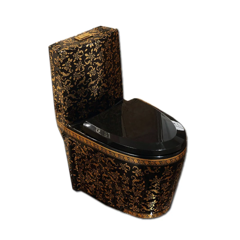 

Luxury bathroom product electroplated one piece ceramic gold pattern black color toilet