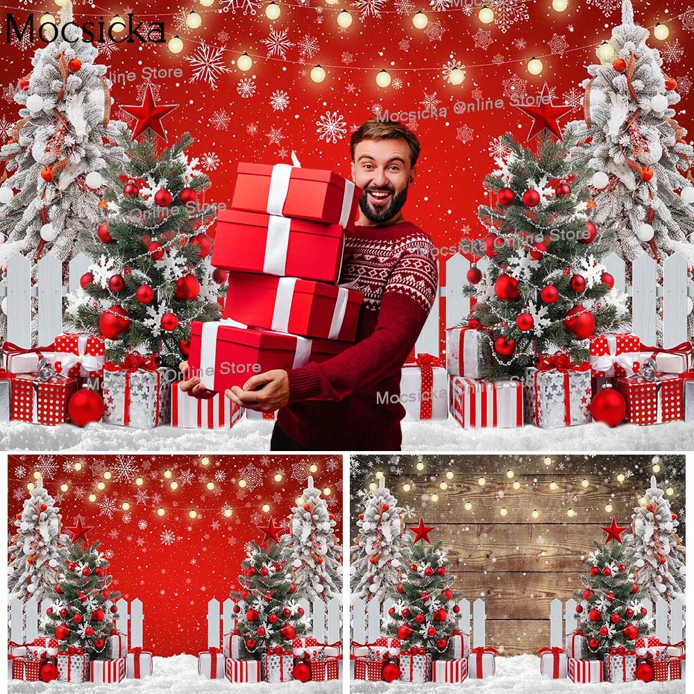 

Red Christmas Cake Smash Backdrops Studio Gifts Xmas Trees White Fence Background Snowflake Winter Birthday Portrait Shoot