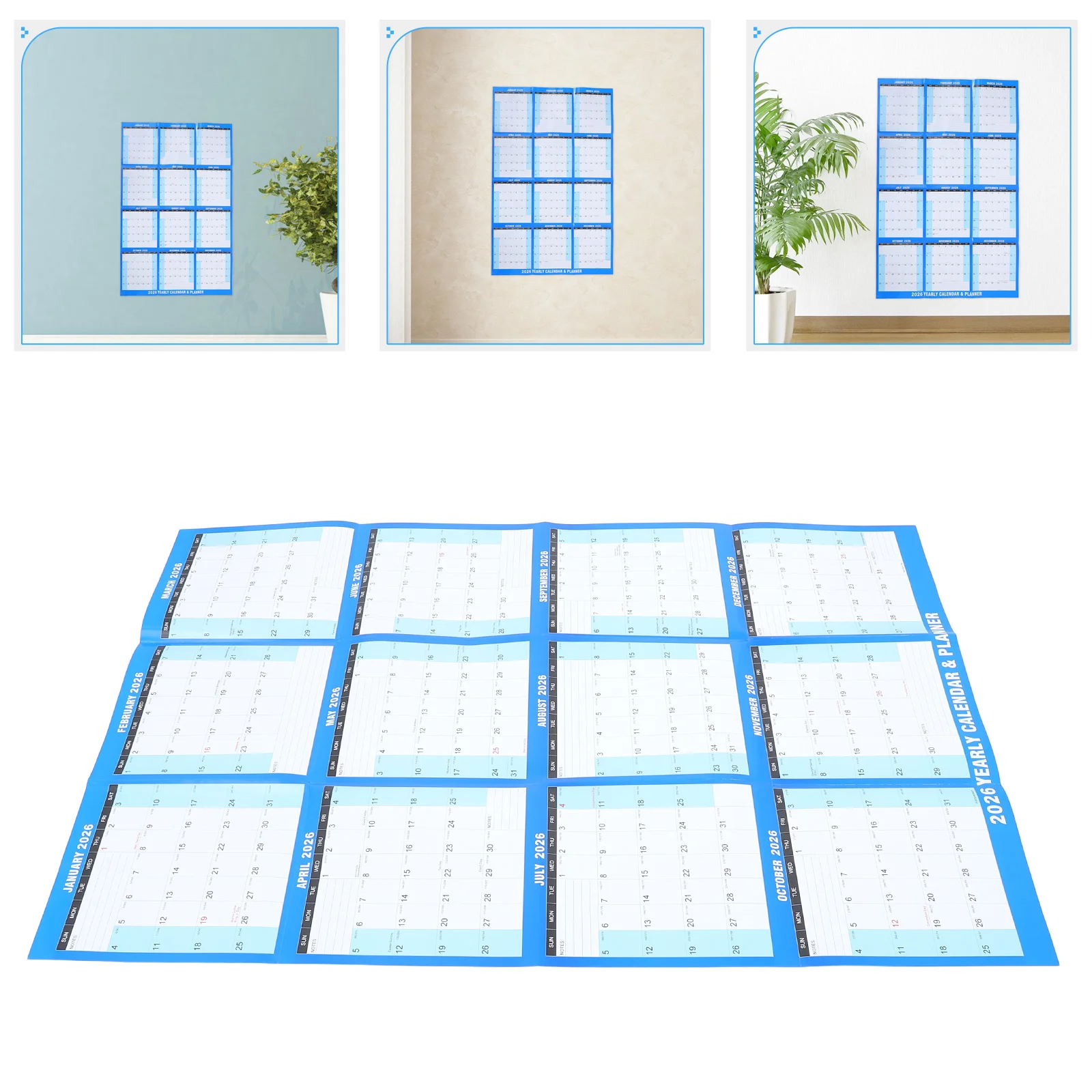 

2026 Large Dry Erase Laminated Yearly Planner Hanging Calendar Double Sided Tapes Home Office School Blue Thick Paper Foldable