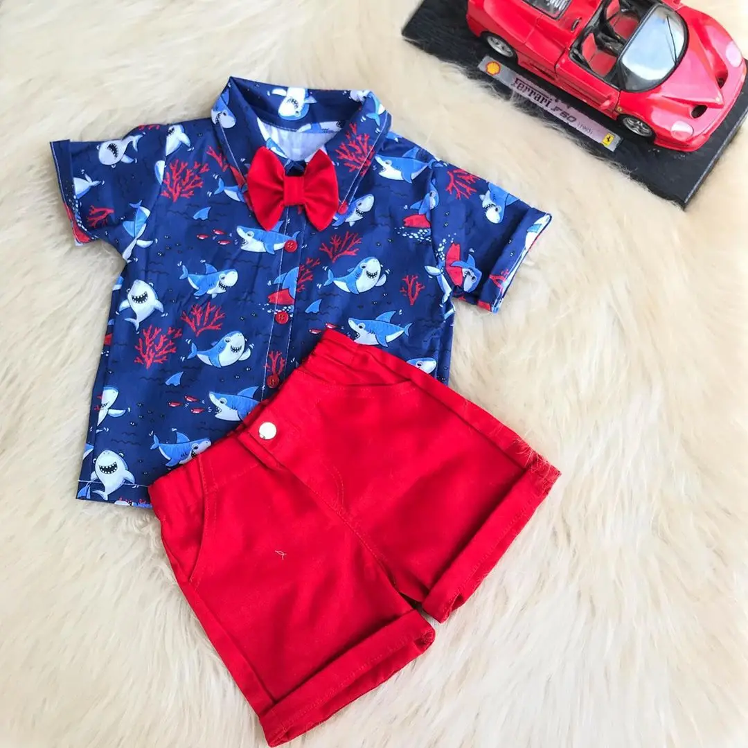 Baby Boy s Summer Outfit Sets Short Sleeve Shark Print Button Down Shirt Top Red Shorts