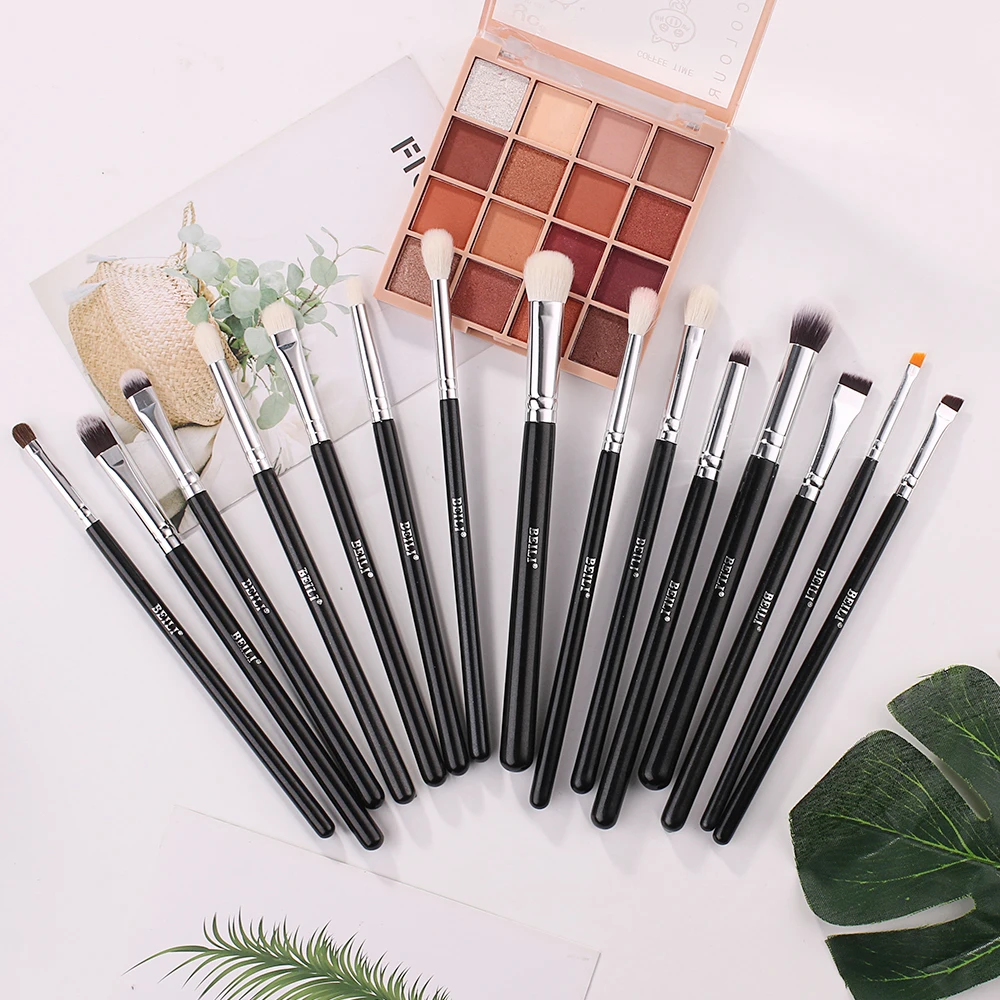 BEILI Black Makeup Brushes 15Pcs Goat Hair eyebrow Eyeshadow Eyeliner Blending brush set With Bag High Quality Professional