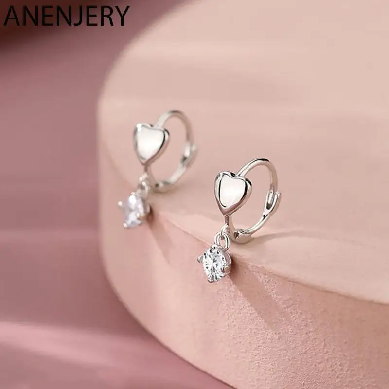 ANENJERY pendientes de aro de corazón de amor con borla de circón de Color plateado para mujer, regalo de joyería de fiesta dulce y delicado