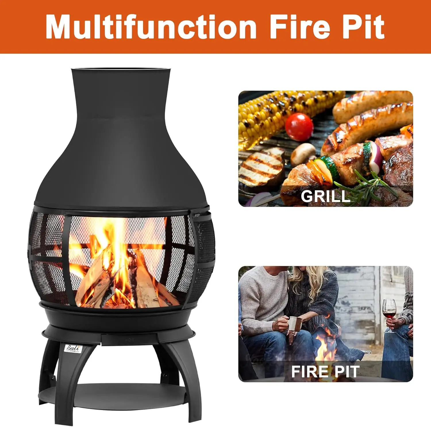 Braço de fogo Queima de lenha Chiminea Lareira externa Pátio Pátio Braço de fogo pequeno, tamanho 17,7" L x 35,6" A, marrom-preto