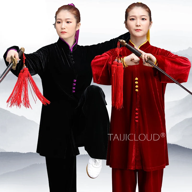 

Autumn and Winter Plush Velvet Tai Chi Suit for Women, Martial Arts Performance Competition Uniform, Long Sleeve Set