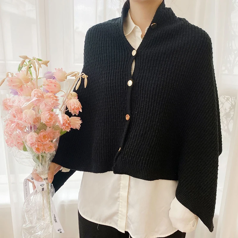 Women Capes Coat Autumn Spring Female All-match Ponchos Wraps Scarf Stoles Single Breasted Shawl Knitted Cardigan Cloak