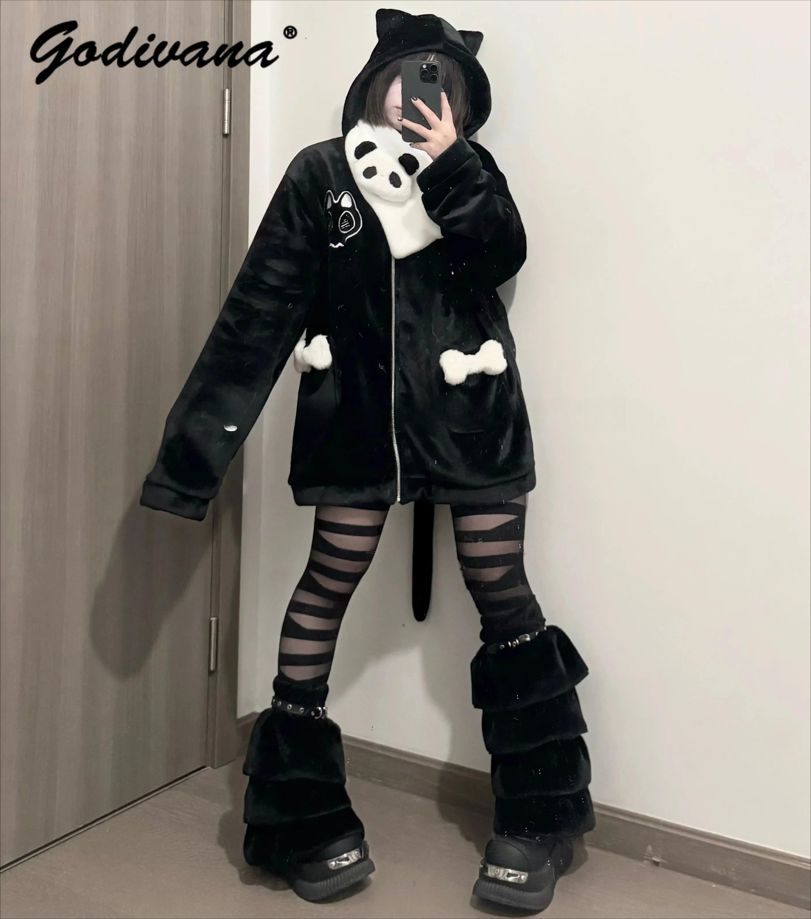 Cute Cat Bone Outwear Original New Winter Fleece-lined Thickened Plush Jacket Subculture Girl Women's Cat Ears Warm Hooded Coat
