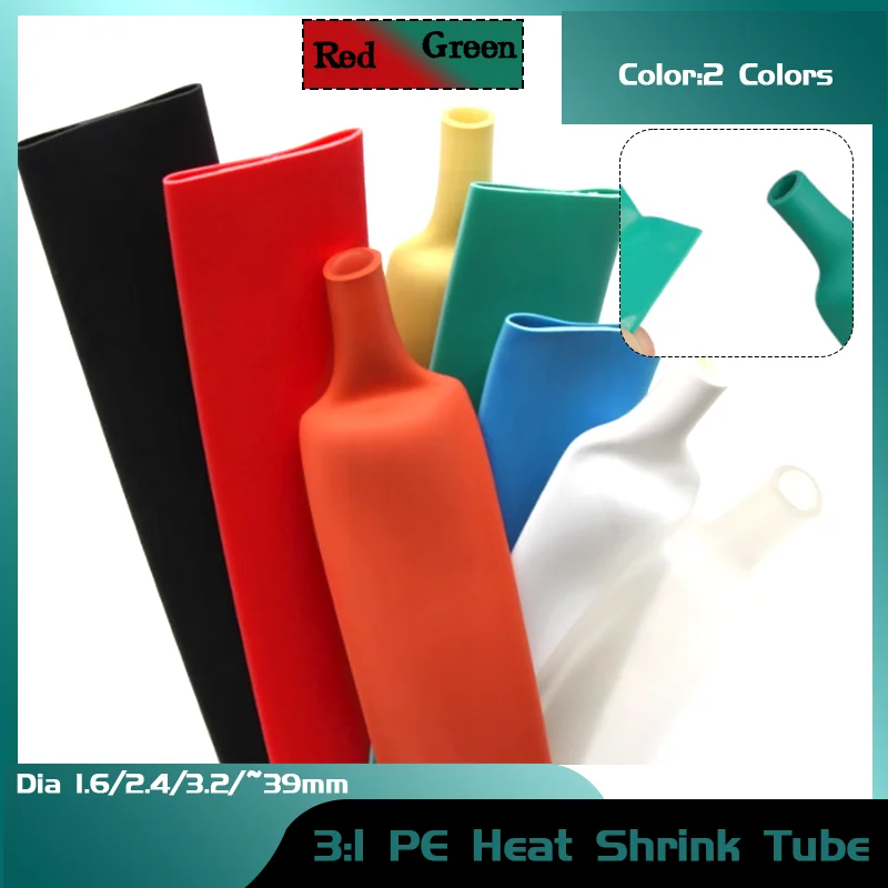 

3:1 With Glue Heat Shrink Tube Double Wall Heat Shrinkable Tubing Polyolefin Insulated Sleeve Red/Green Dia 1.6/2.4/3.2/4~39mm