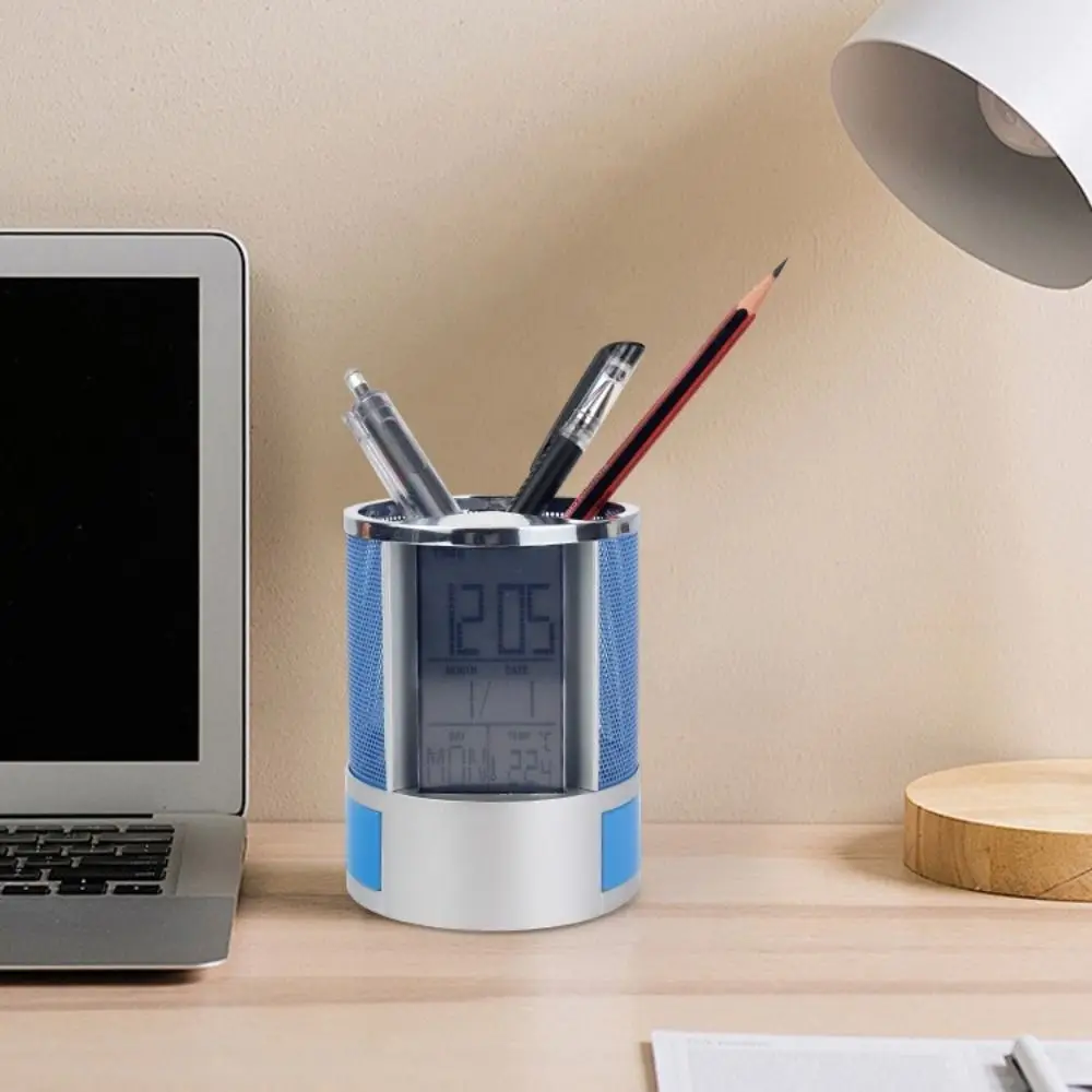 ดิจิตอล LCD นาฬิกาผู้ถือปากกาอุณหภูมิเวลาจอแสดงผลอิเล็กทรอนิกส์ดินสอ 2 ลิ้นชักฐานกันลื่น