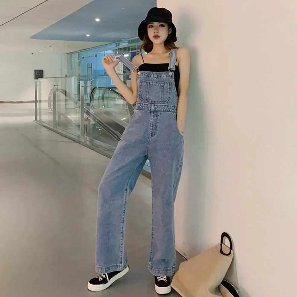 Denim Collarless Young Style Overalls  Women Suspender Jumpsuit Adjsutable Strap High Waist Loose Big Pocket Wide Leg Jumpsuit
