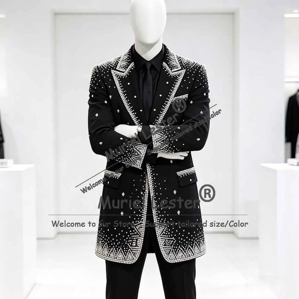 

Glittering Suit Man For Wedding Rhinestone Beaded Single Breasted Prom Blazer Long Customized 2 Piece Sets Jacket Pants Tuxedos