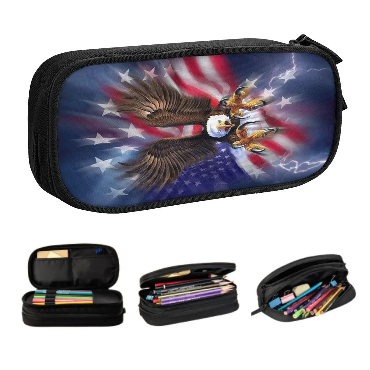 Customized Cute American Flag And Eagle Pencil Case for Girl Boy Large Storage US Patriotic Pencil Pouch School Accessories