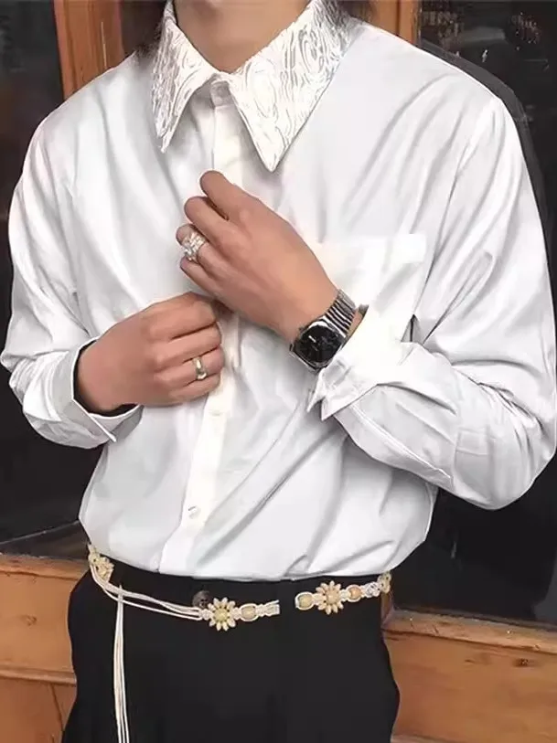 

Белая мужская рубашка с вышитым цветочным воротником, свободного кроя, с длинными рукавами, в американском стиле, классическая, повседневная, рабочая, открытая, на пуговицах, кардиган