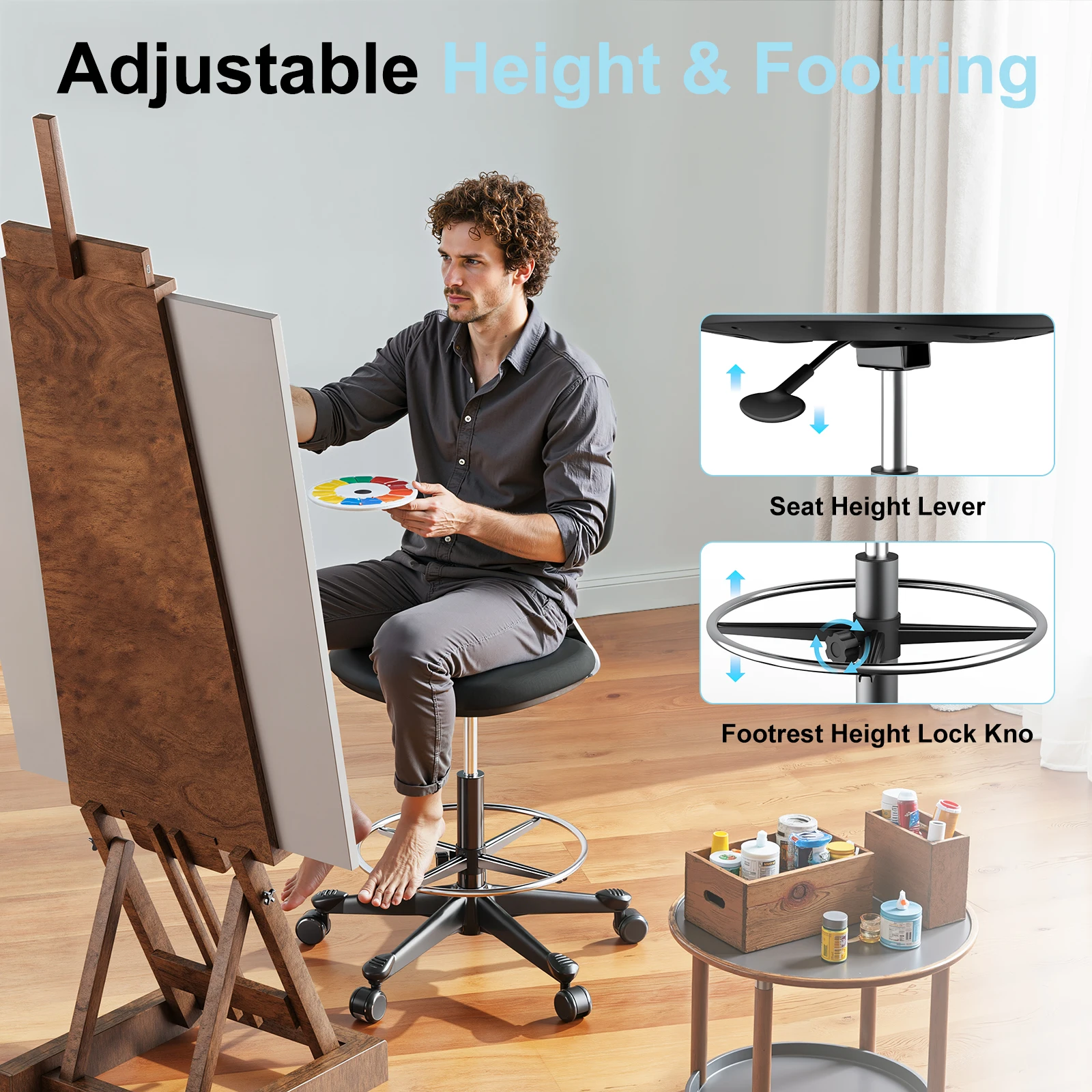 Drafting Stool with Back Support Height Adjustable Standing Desk Stool with Back & Foot Rest for Studio, Lab, Office or Home