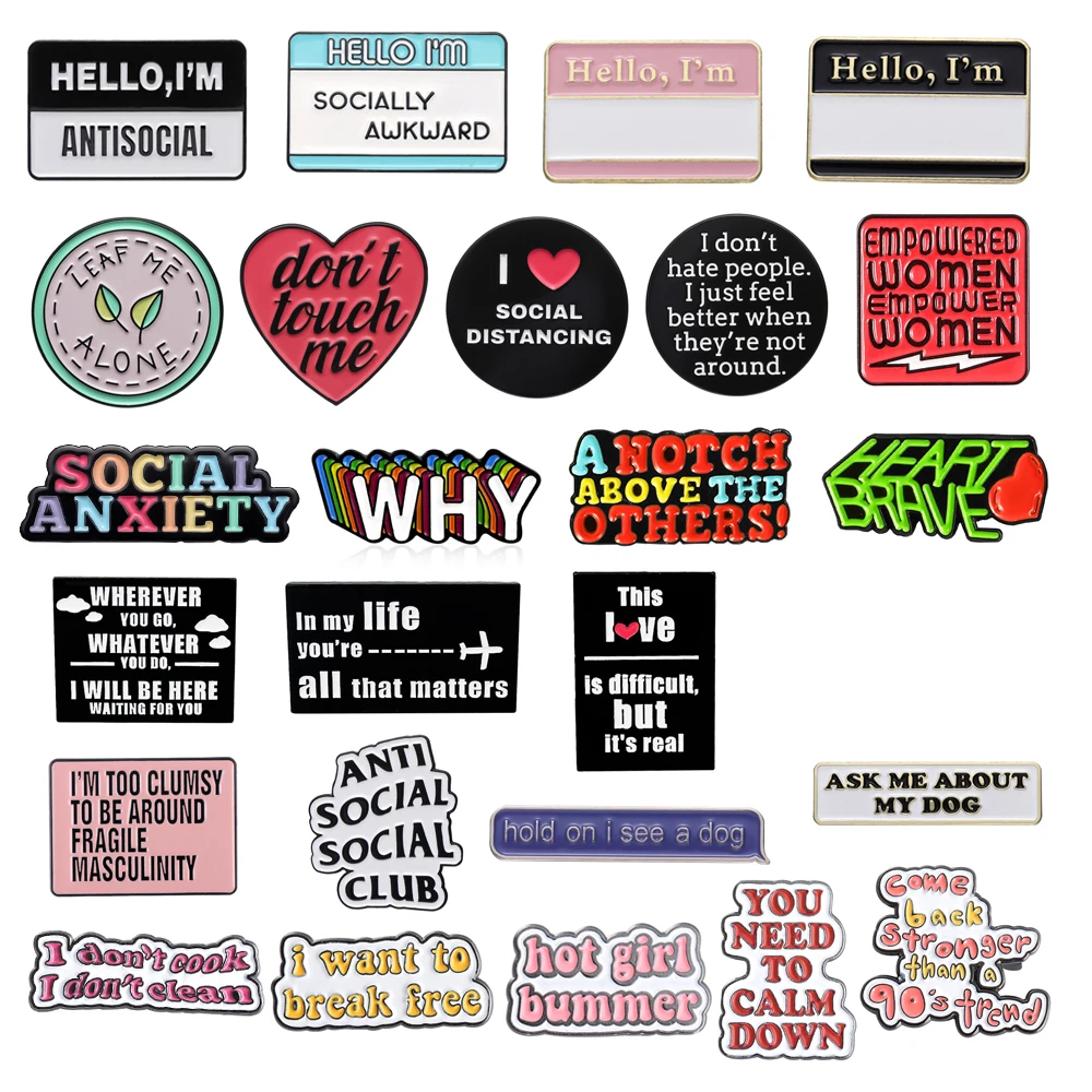 Socially Awkward Lonely Women Power Rainbow Why Brave Heart Calendar Badge Punk Pins Jewelry Personality Text Enamel Pin Hello