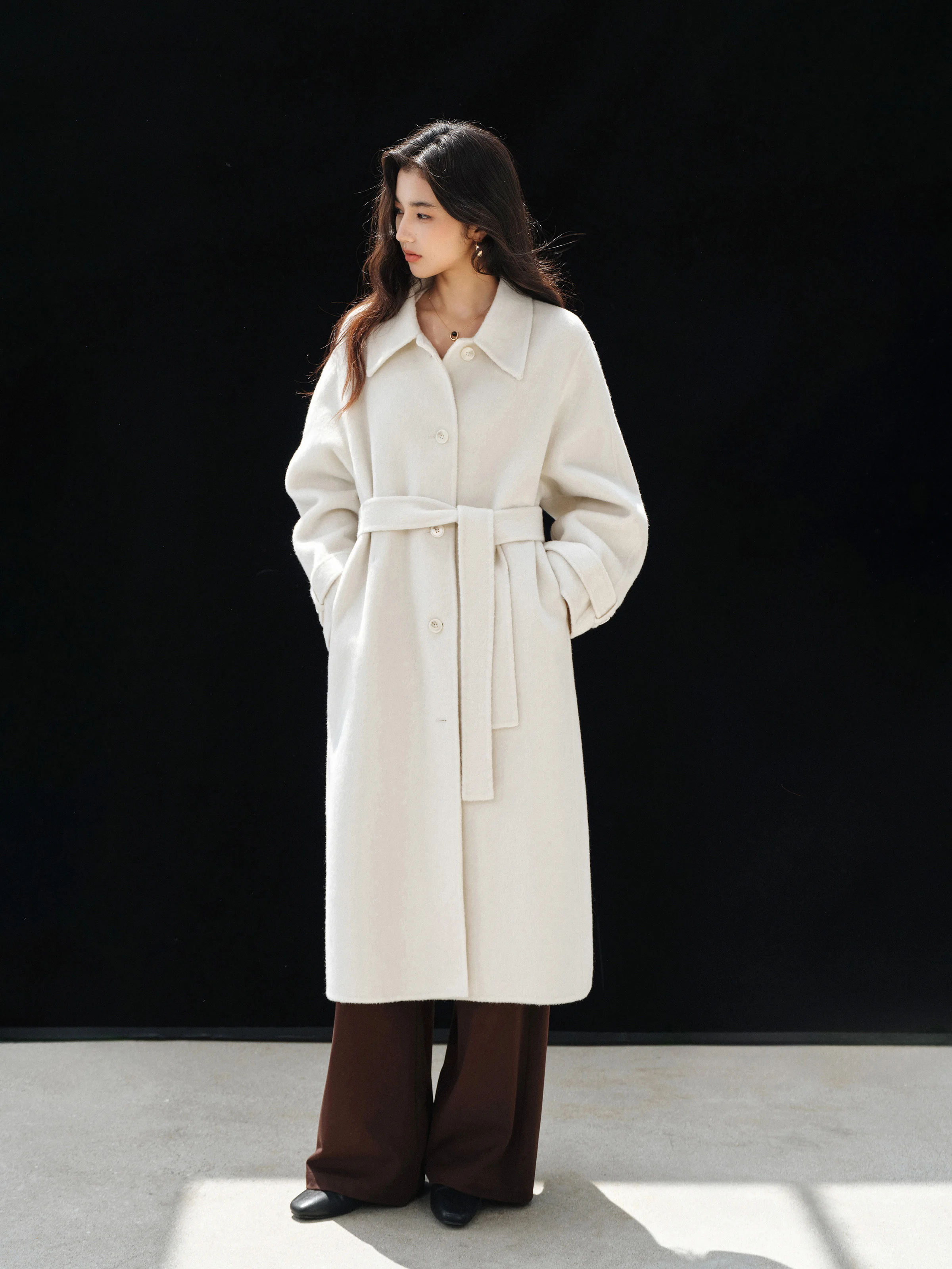 معطف طويل أنيق يشبه الصوف للنساء معطف شتوي بحزام من الصوف مزدوج الوجه وطية صدر السترة ملابس خارجية أنيقة ودافئة ونحيفة #2