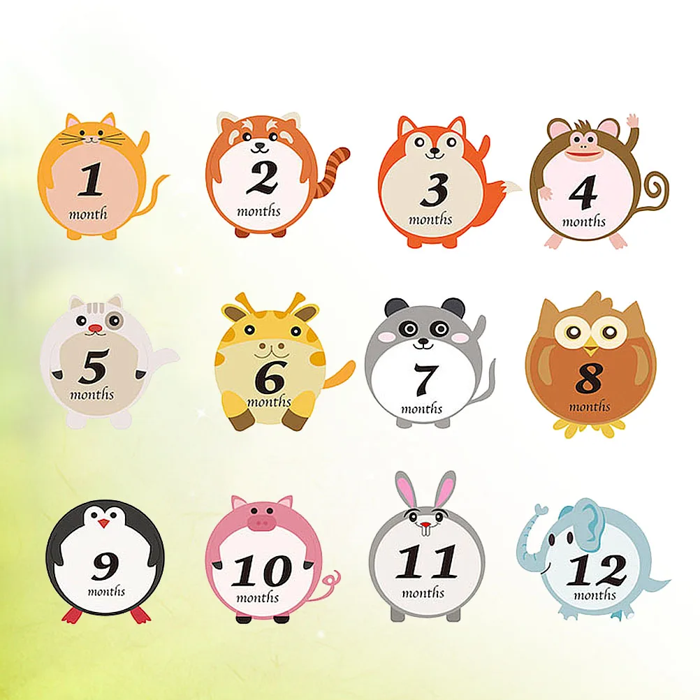 

12pcs Month Decals Cartoon Animal Stickers Adorable Infant Photo Props 12-Month Set For Shower Birthday Party Favor