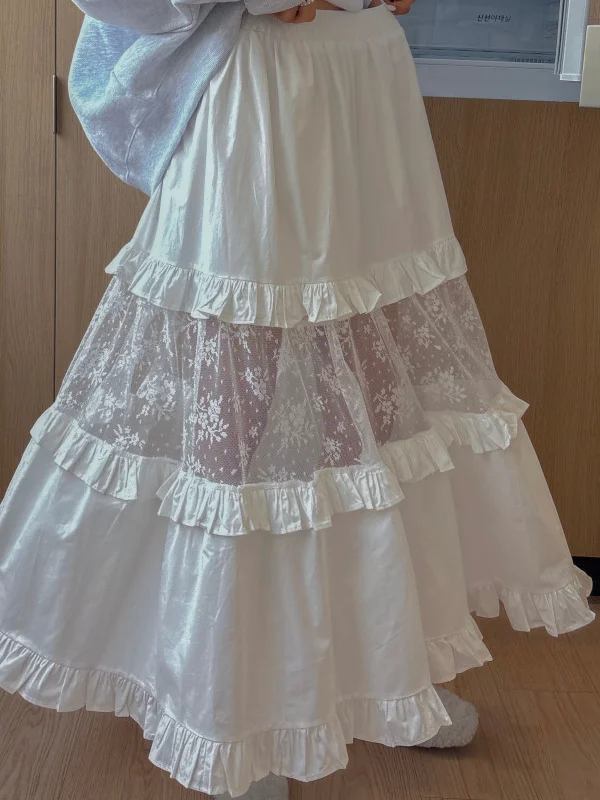 

Elastic Waist Tulle Skirt f-length Women's Sle Pleated Flared Sweet A-line Long Skirt with Patchwork And Embroidery Details