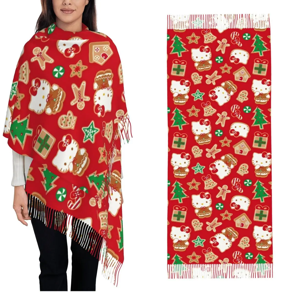 Christmas Hello Kitty Gingerbread Scarf Women Warm Winter Cashmere Shawls and Wrap Kawaii Cute Cartoon Large Shawl Scarf Ladies