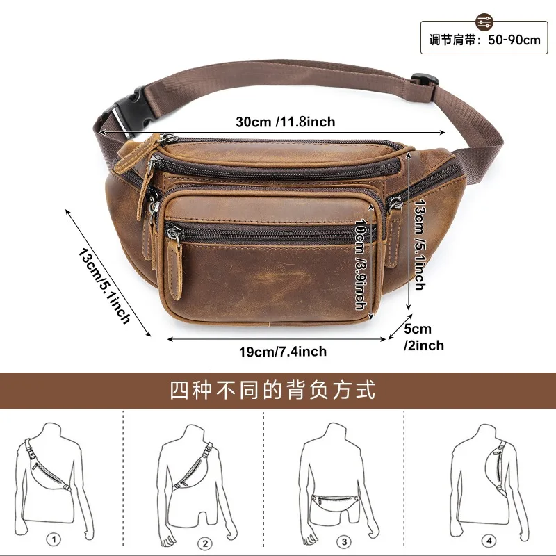 

XZAN Retro Casual Leather Multi-functional Oblique Span Crazy Horse Leather Breast First Layer Cowhide Men's Chest Luxury Bag