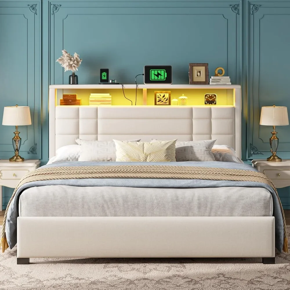 

Bed Frame with 2-Tier Storage Headboard,Bed Frame with Charging Station and LED Lights, Metal Slats, No Box Spring Needed