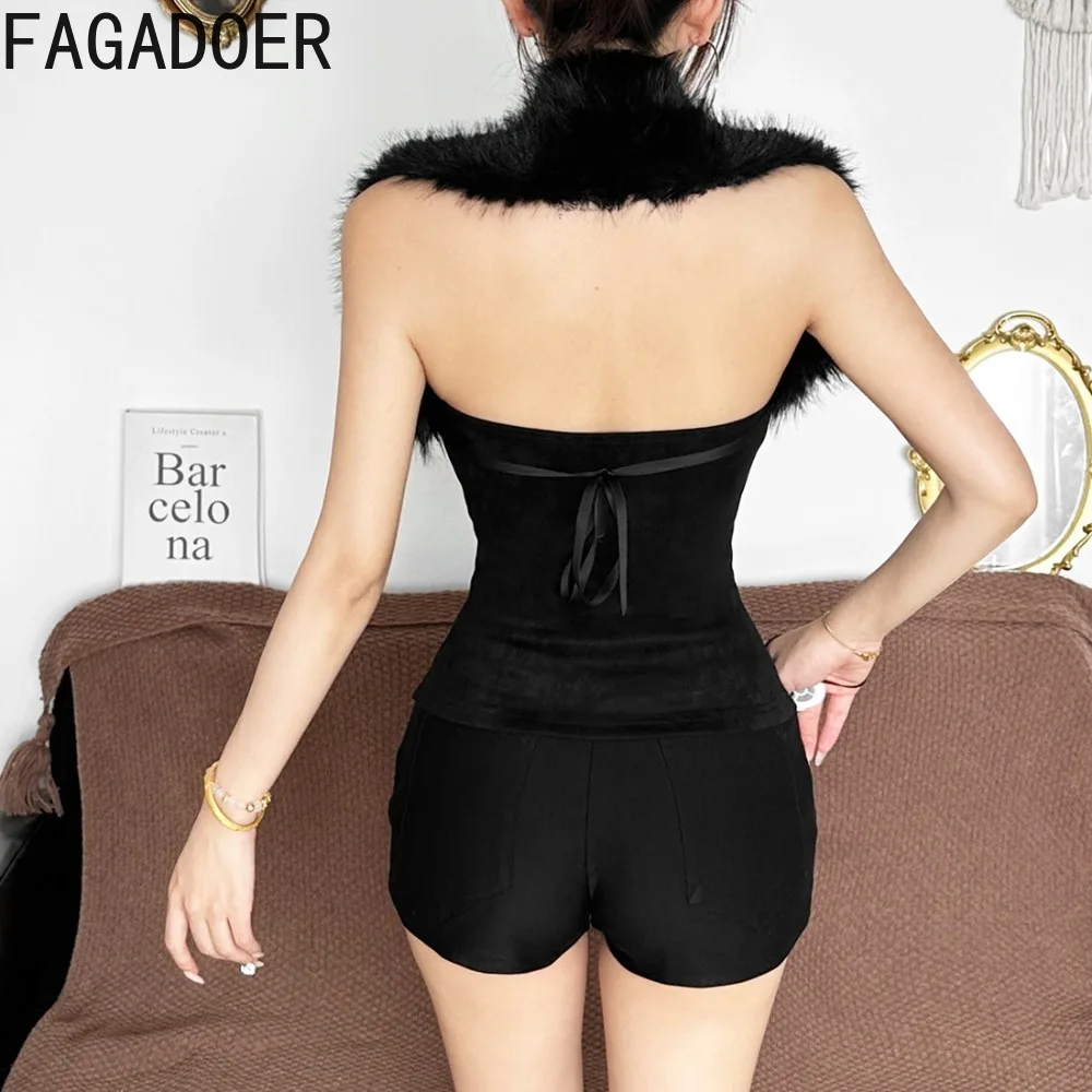 FAGADOER Sexy Fur Patchwork 2 Pieces Set for Woman Outfit Sleeveless Backless Bandage Crop Top + Shorts Suits Female Streetwear