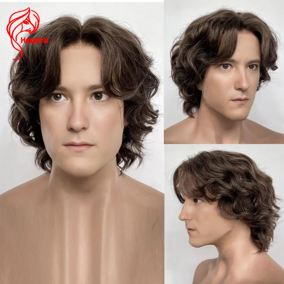 Hesperis Men's Brown Color Pre Style Transparent Lace Front Male Wig Real Human Hair Short Wave Wigs For Men Replacement Pre Cut