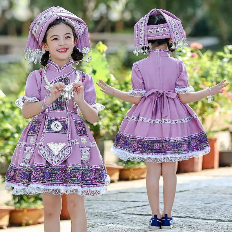 Guangxi Zhuang Zu Ethnic Clothing Children's Miao Zu Clothing Minority Girl Princess Lolita Dress Performance Clothing