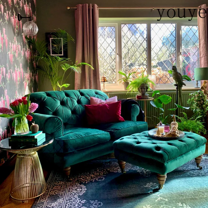 French retro style sofa velvet fabric American pull button light luxury dark green living room double triple bed and breakfast