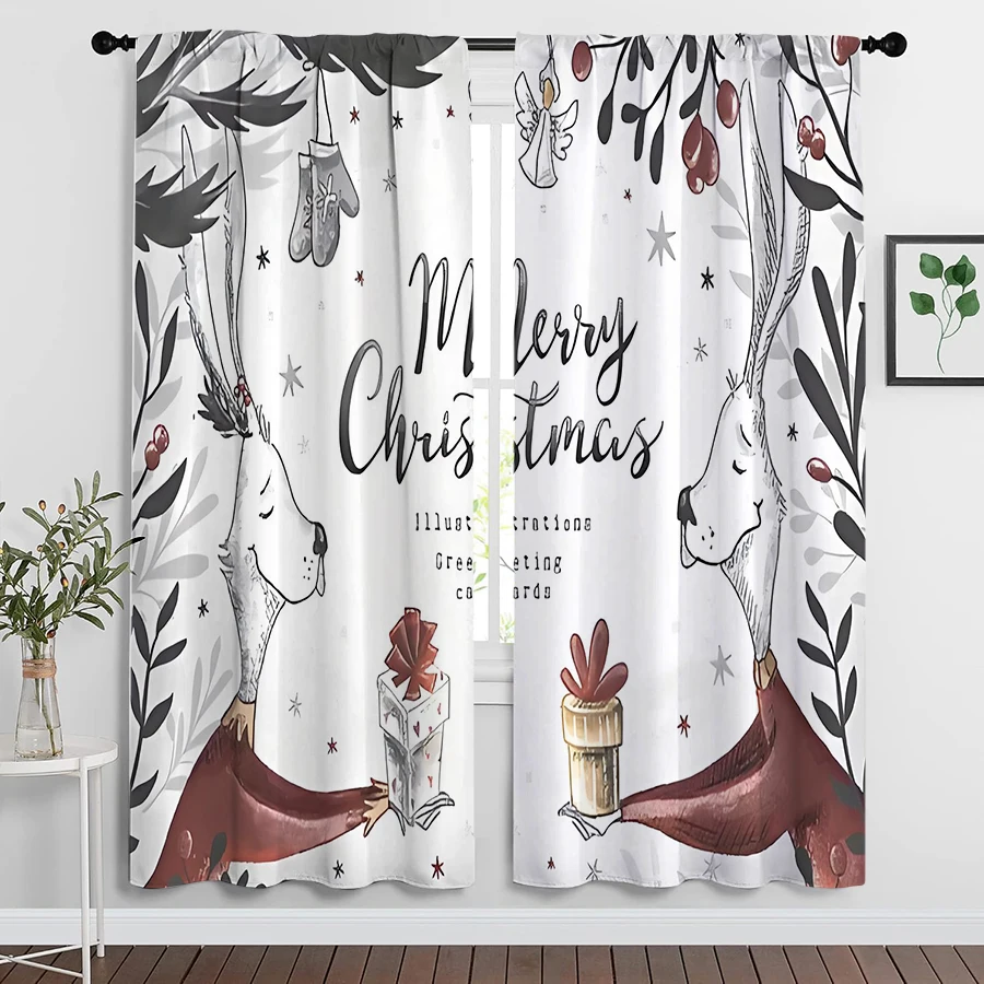 2PCS Christmas Curtains, Cute Bunny Rabbits Gifts Merry Christmas Hand Drawn, Digital Print, for Kids Room Nursery Window Decor
