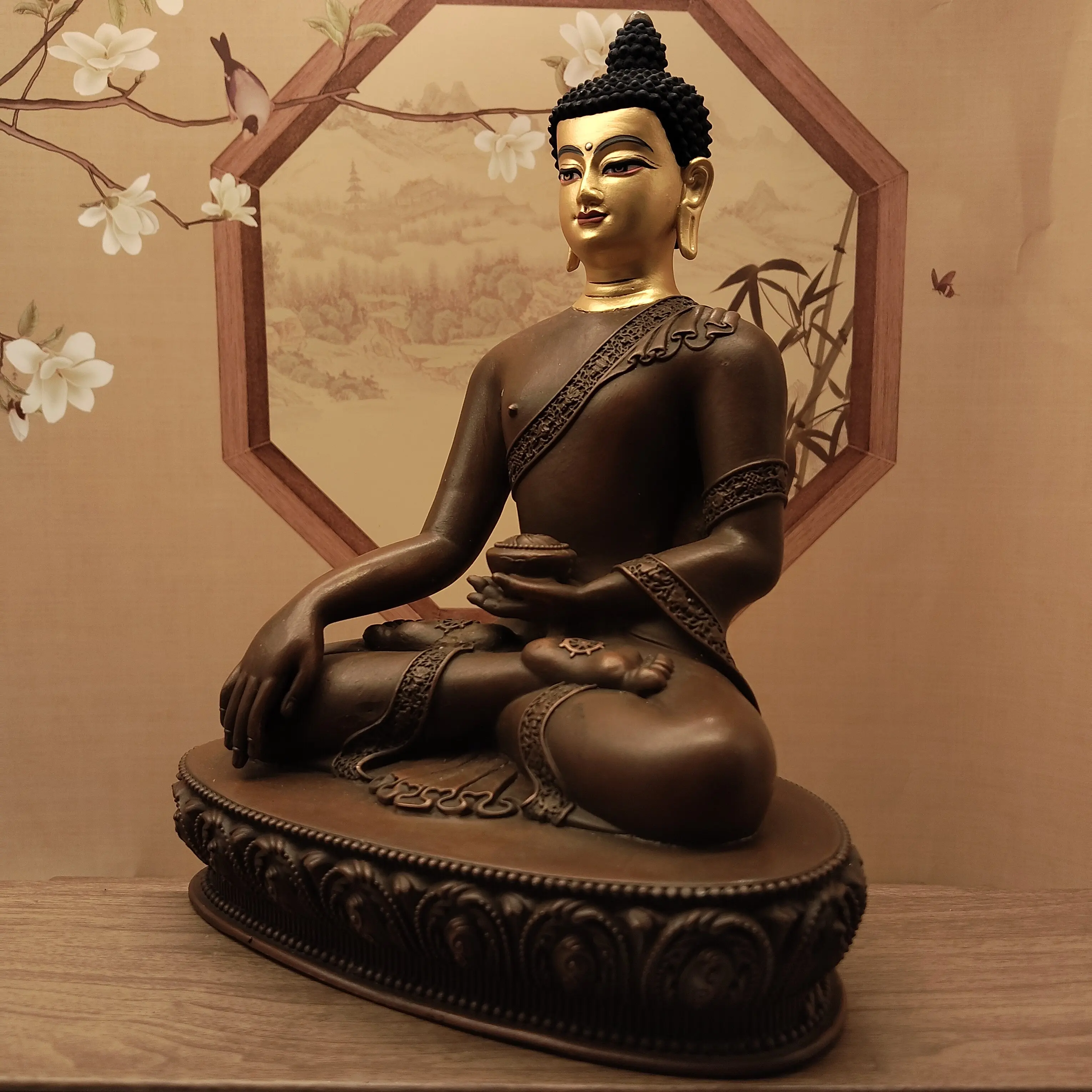 Tibetan Fine Copper Painted Face Shakyamuni Buddha Statue 23cm Office Living Room Decor Blessing