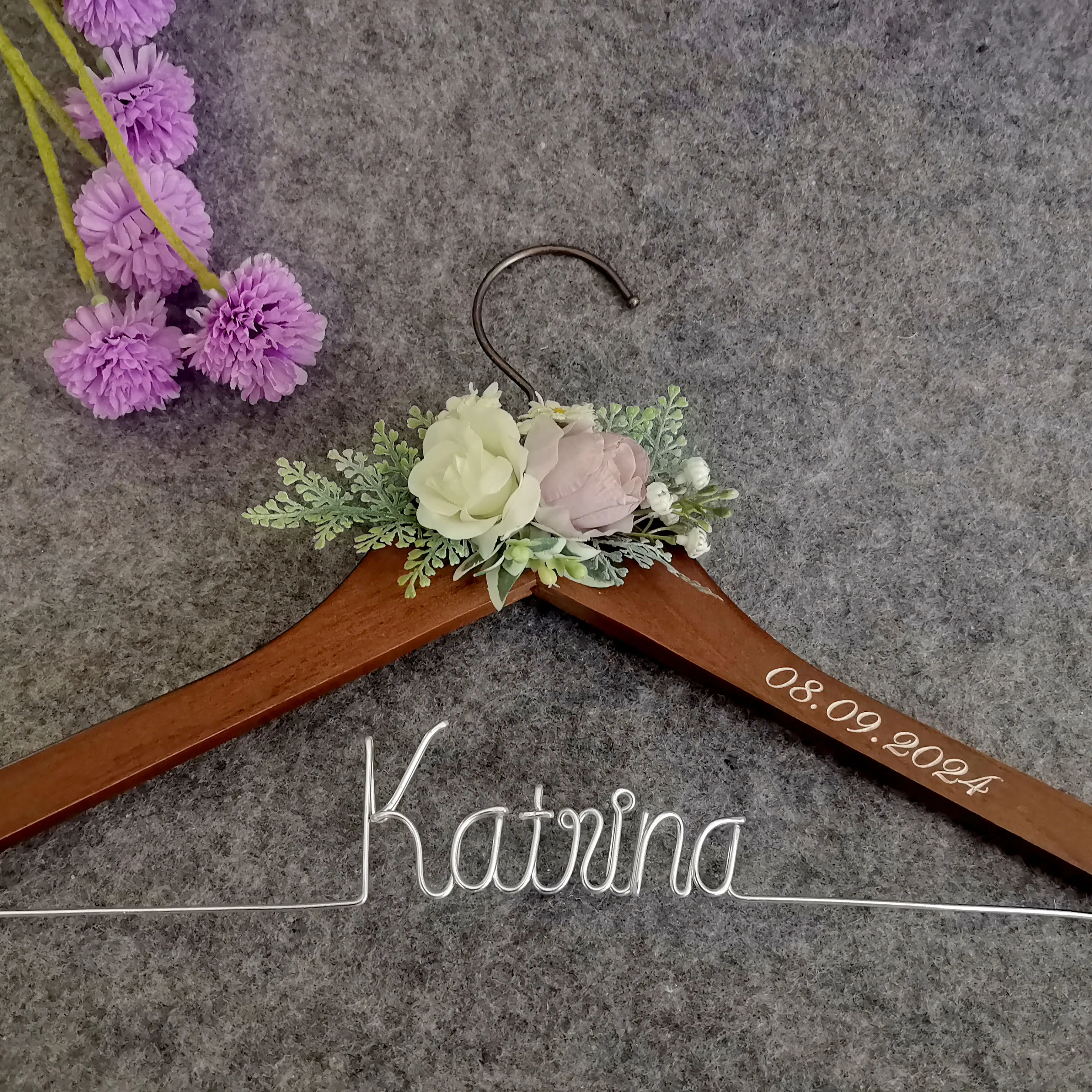 Customized Wedding Hanger,Engraved Date,Bridal Gift, Sir and Madam Anniversary, Graduation Ceremony,Banded Flower