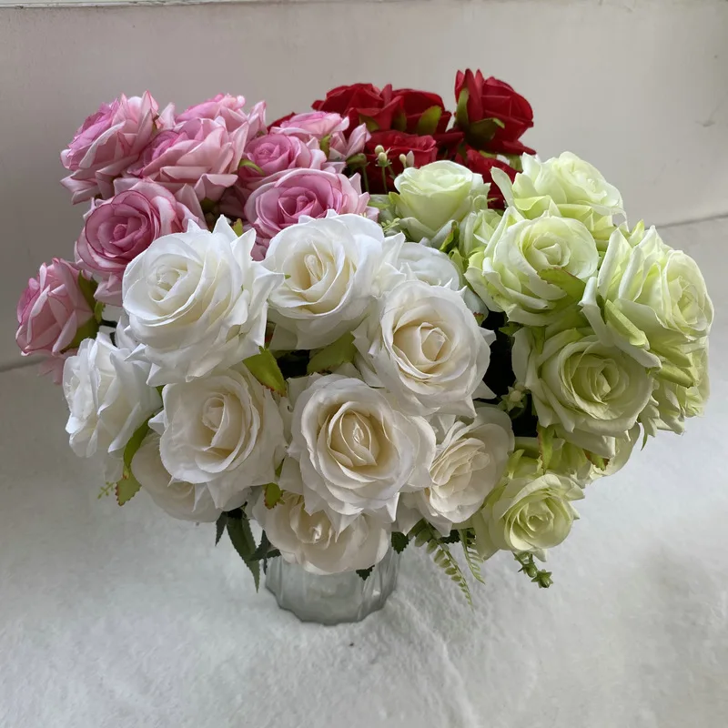 4pcs Artificial Flowers Silk Pink Golden Horn Roses Wedding Decoration Fake Flower Simulation 12 Head Rose Bundle Hall Decor