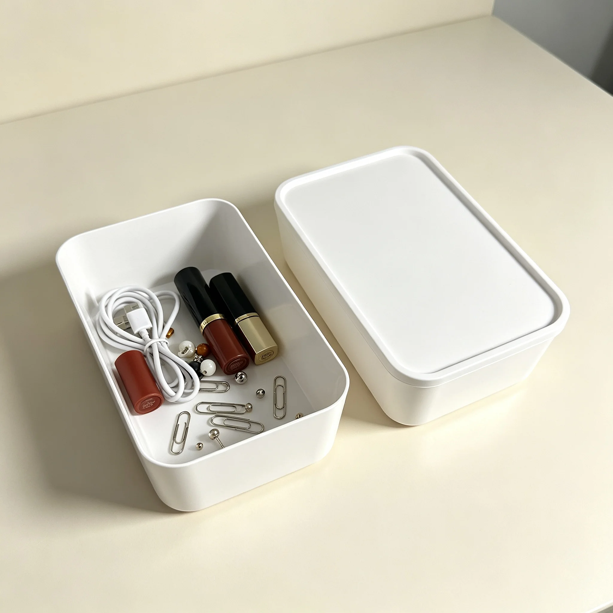 Drawer Organizer Tray, White Plastic Divided Storage Bin, Rectangular Desktop Storage Container for Jewelry Makeup Stationery Small Gadget Bedroom Vanity Cabinet