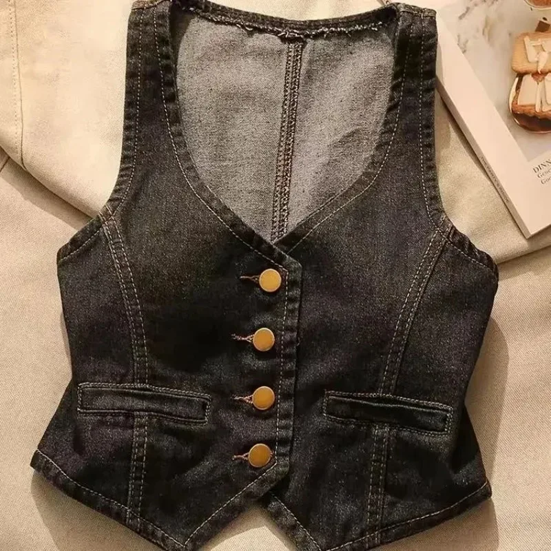 Vintage Women Korean Fashion Cowboy Vest Outerwear Kawaii V-neck Sexy Vest Women Summer Short Sleeveless Top Harajuku Clothing