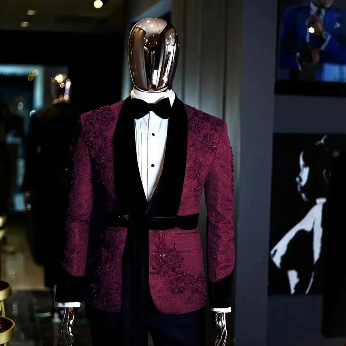 Aangepaste Mannen Pakken Bruiloft Maatwerk Party Tuxedo 2 Stuks Slim Fit Gedrukt Blazer Jas Kristal Bruidegom Prom Zanger Bruidegom