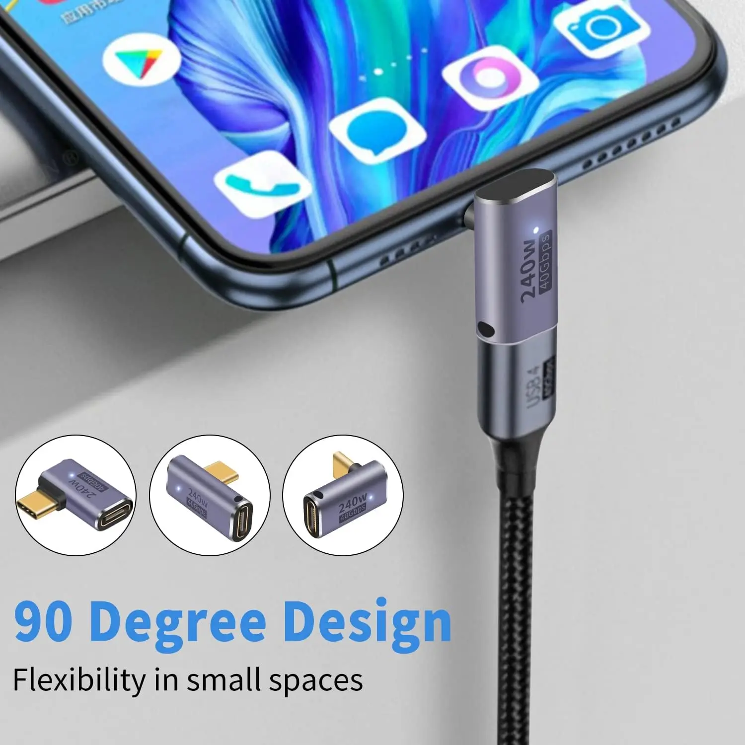 3 แพ็ค 240 W, อะแดปเตอร์มุมขวา USB C 40Gbps, อะแดปเตอร์ USB C 90 องศา PD ชายหญิงพร้อมวิดีโอ 8K รองรับ USB 4