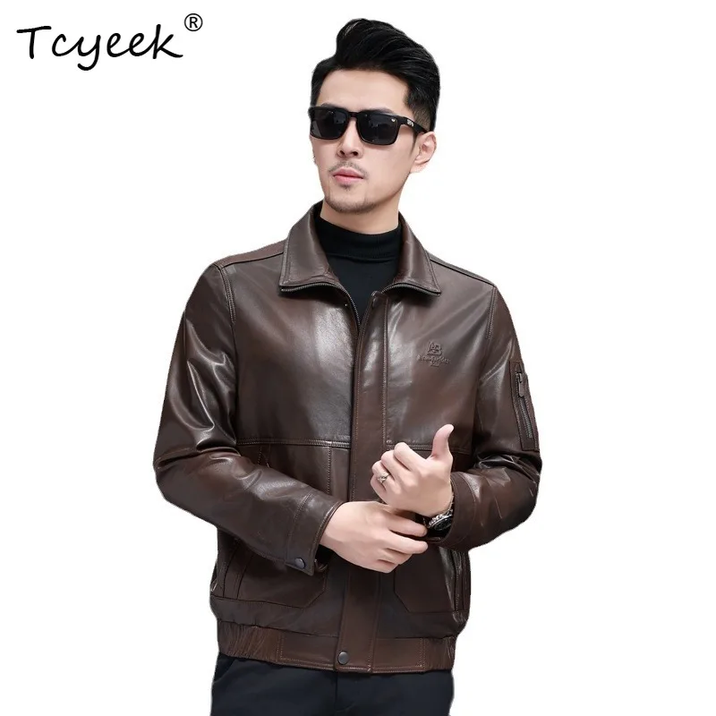 

Tcyeek Top Layer Goatskin Spring Autumn Lapel Trendy Reddish Brown Men Genuine Leather Jacket Jaqueta De Couro Masculina 가죽자켓