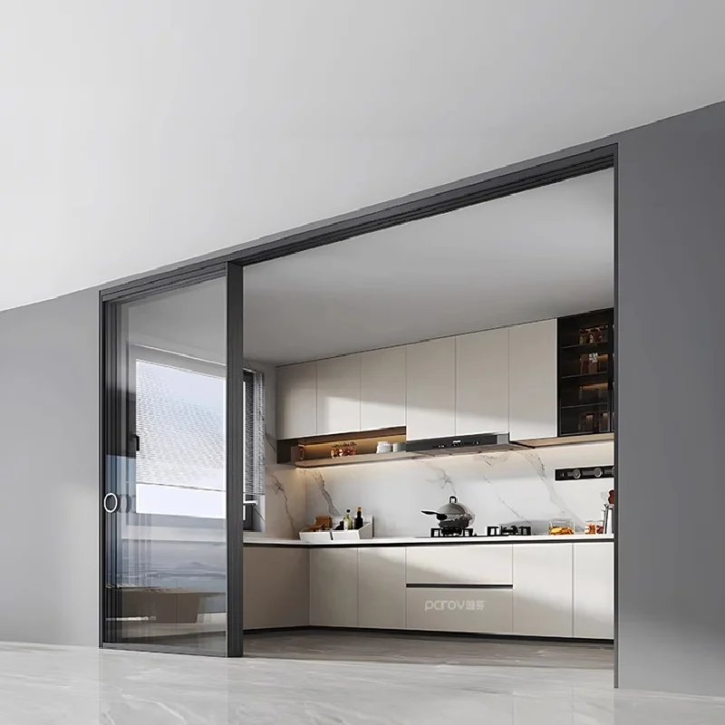 Kitchen sliding door three-four linkage extremely narrow glass trackless sliding single hanging sliding door