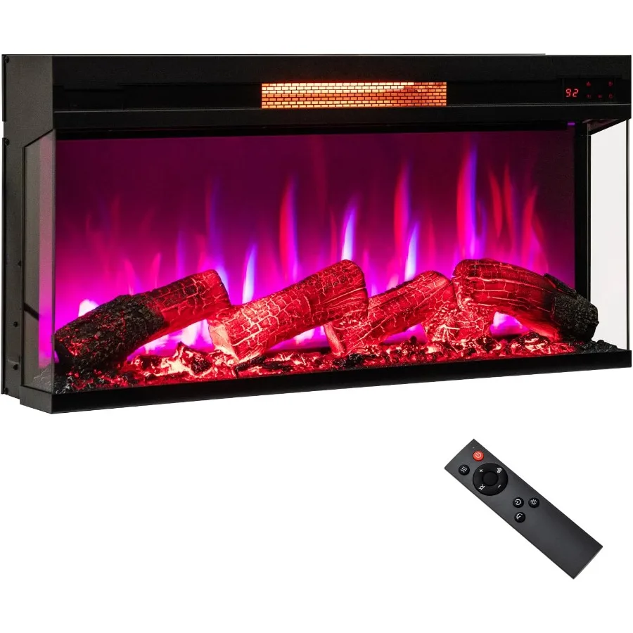 

36 3-сторонняя вставка для электрического камина, 1500 Вт, инфракрасный порт с 8 цветами пламени, 9 часов, таймер, дистанционное управление, защита от перегрева, встраиваемый в