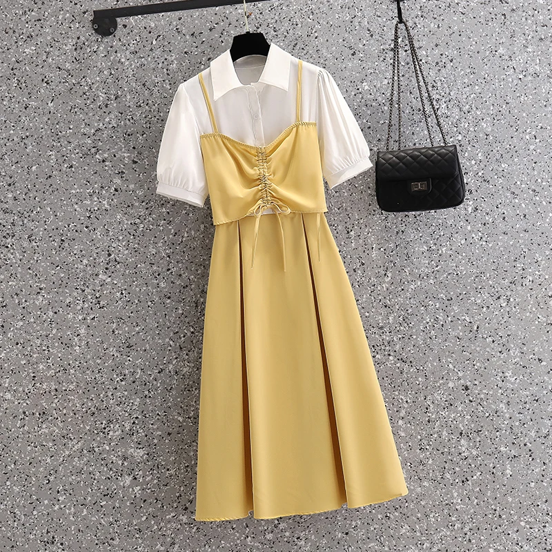 Summer White Patchowrk Fake Two Piece Midi Dress Women Fashion Light Chiffon Polo Collar Dress 2024 Korean Eleegant Bodycon Robe