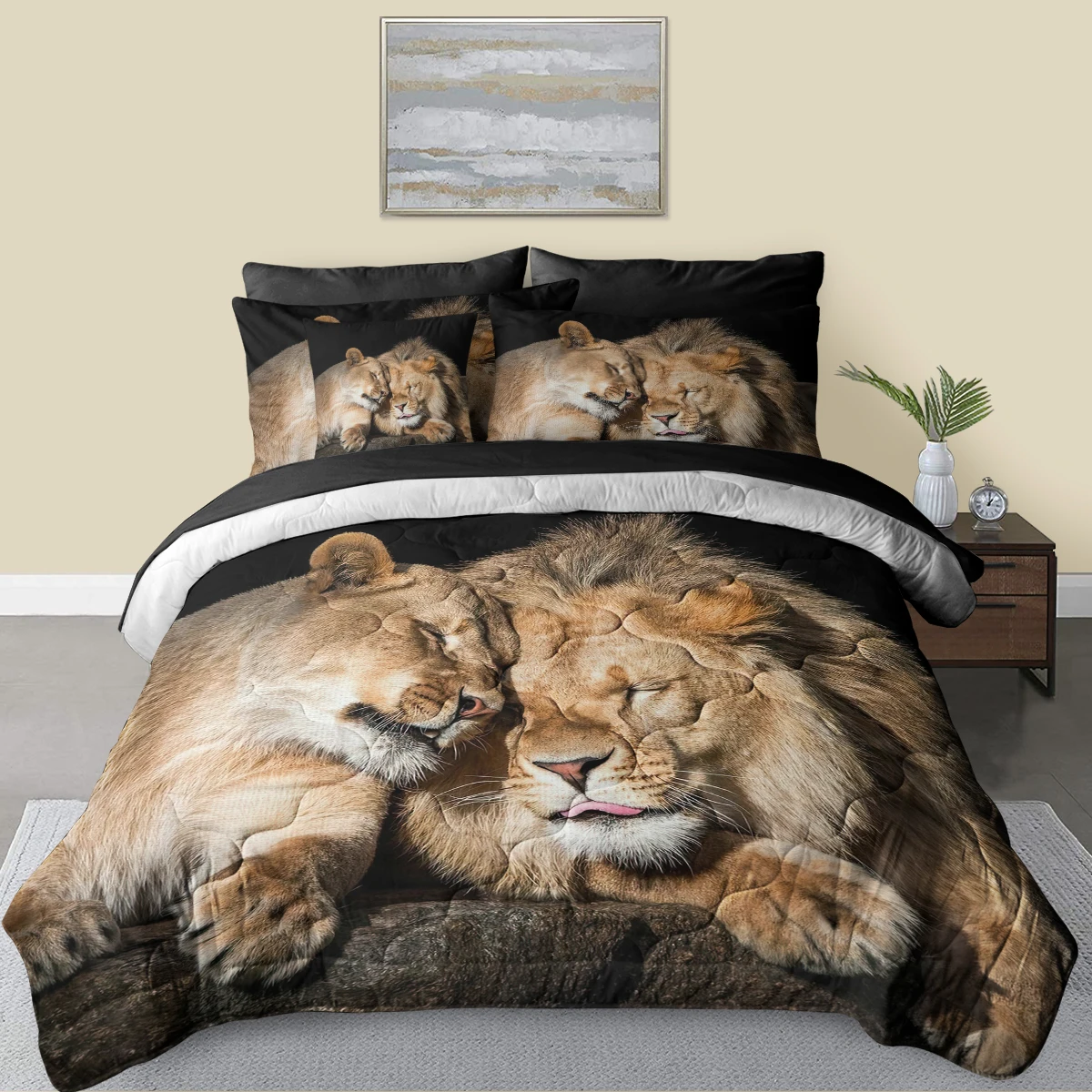 8 Piece Two Lions Lying Together Design Comforter Set with Black Flat Sheet Home Decor Suitable for All Seasons