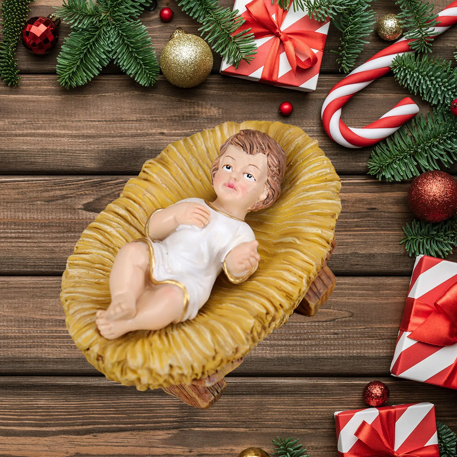 Baby Jesus in Manger Statue Crafts Birthday Gift Collection Resin Figurine for Bedroom Office Indoor Table Centerpieces Cabinet