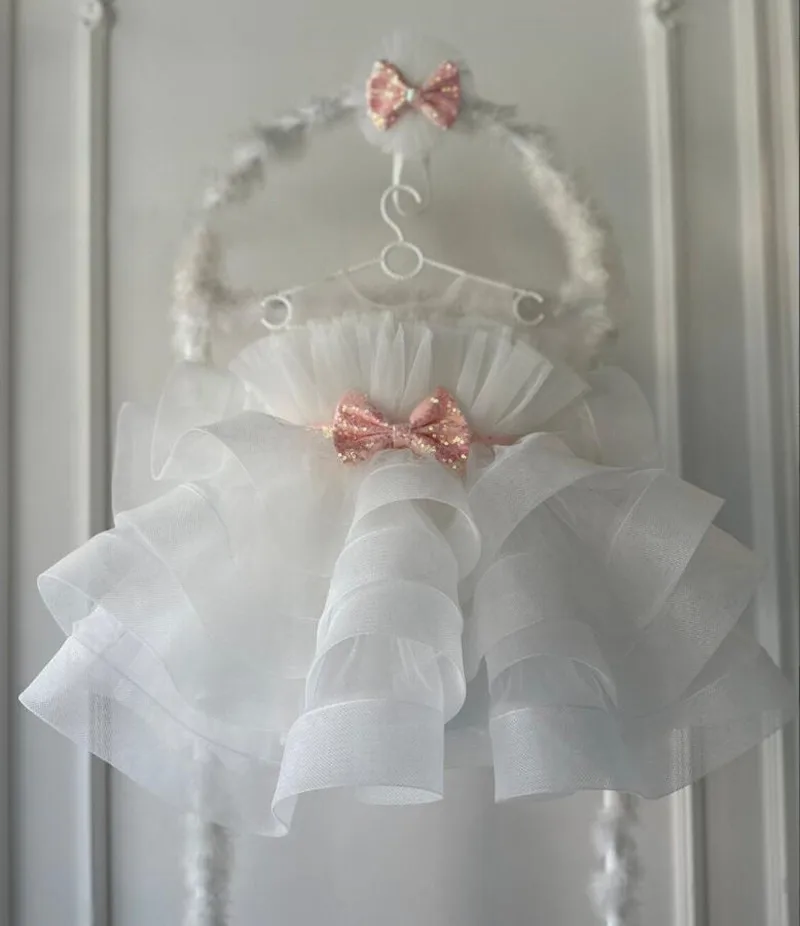 

Puffy Baby Girl Dress White Organza Tutu Outfit Toddler 1st Birthday Dress with Headbow 12M 18M 24M