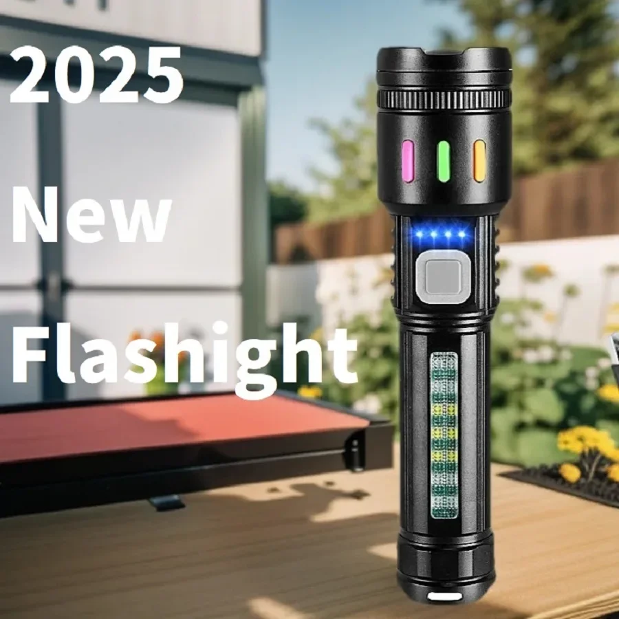 

2025 Powerful LED Flashlight EDC Lantern With Emergency Side Lights Zoom USB Rechargeable Tactical Torch Waterproof Camping Lamp