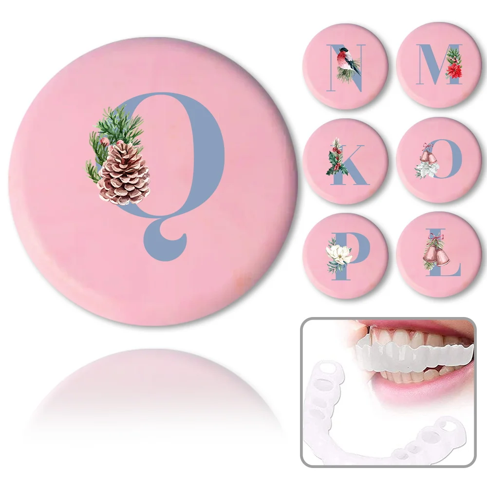 

Portable Teeth Case With Mirror Tooth Storage Box Braces Organizer Retainer Denture Case Mouth Guard Box Blue Letter Pattern