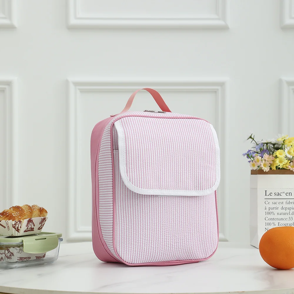 Bolsa de almuerzo de Seersucker a rayas, bolso de mano de almuerzo reutilizable aislado para niños, regreso a la escuela, viajes al aire libre