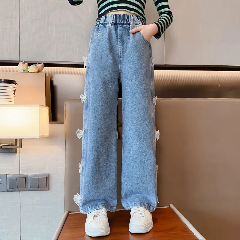 Jeans for Girls Fashion Clothes for Teenagers Solid Loose Kids Wide Leg Pants with Butterfly Children Trousers Girl Clothing 14Y